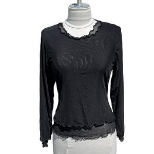 Whistles Black Sheer Ruffle-Trim Long Sleeve Top